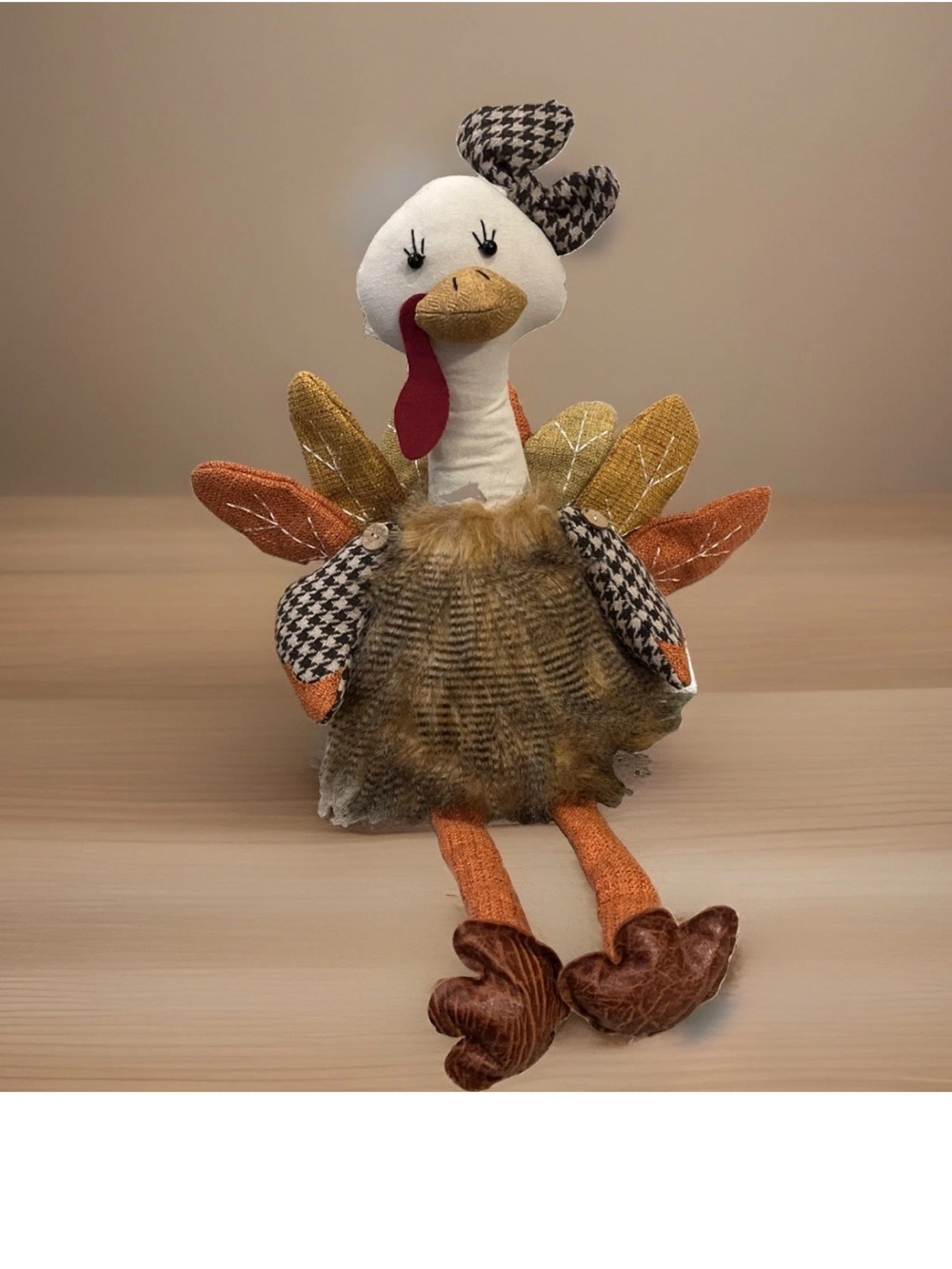 24” Stuffed Turkey Fabric/Faux Feather Fur Thanksgiving Fall Decor
